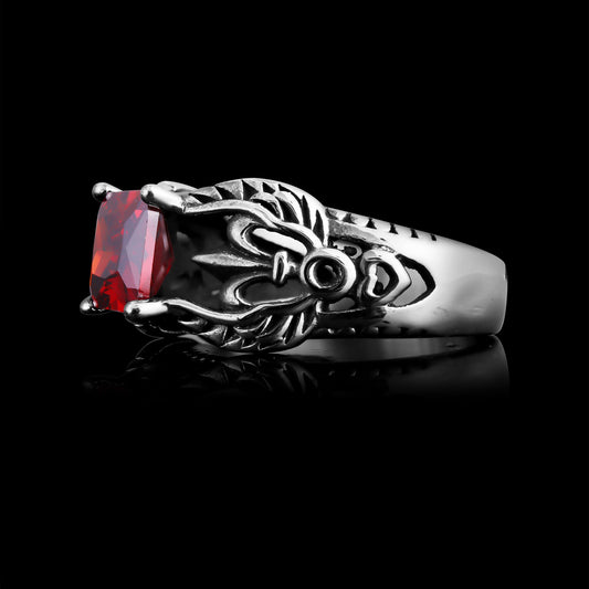 Stainless Steel Red CZ Center Fleur De Lis Ring