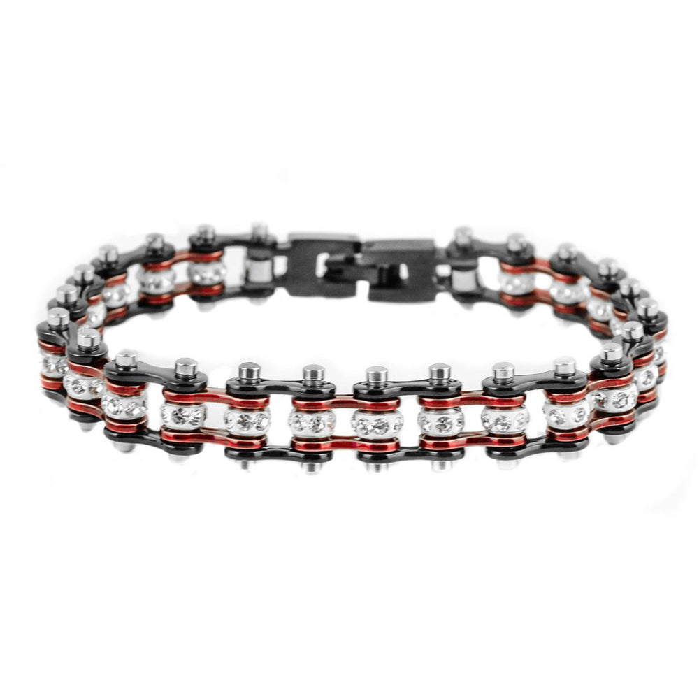 SK2006 3/8" Wide MINI MINI SIZE Two Tone Black Candy Red With White Crystal Centers Stainless Steel Motorcycle Bike Chain Bracelet