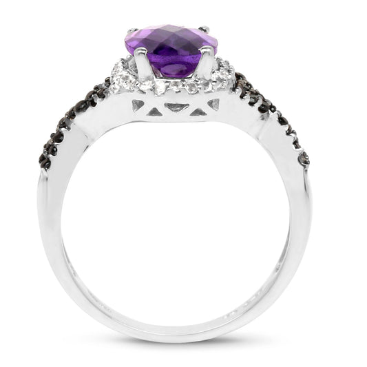 1.64 Carat Genuine Amethyst, Black Diamond & White Diamond .925 Sterling Silver Ring
