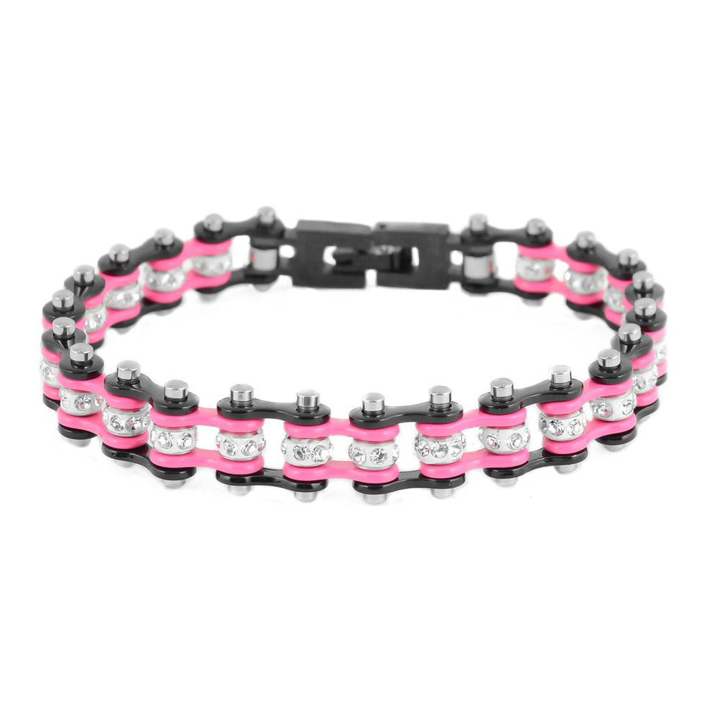 SK2097 3/8" Wide MINI MINI SIZE Two Tone Black Pink With White Crystal Centers Stainless Steel Motorcycle Bike Chain Bracelet