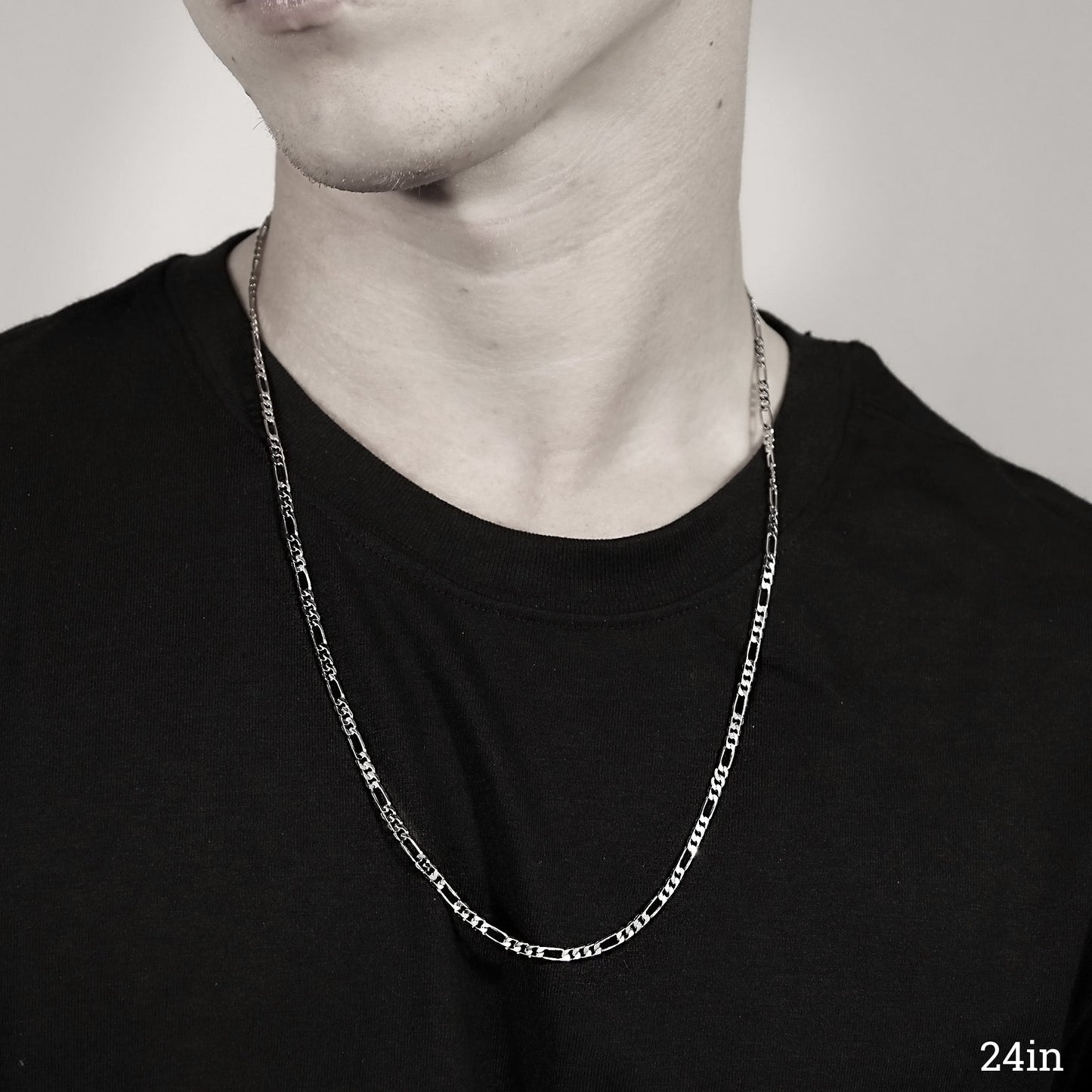 Sterling Silver Platinum Plated Diamond Cut Figaro Chain