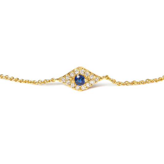 10K Yellow Gold Blue Sapphire and Diamond Accent Evil Eye Station Link Bracelet (H-I Color, I1-I2 Clarity) - Size 7"