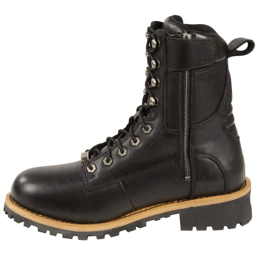 Milwaukee Leather Men's Classic Black Leather Lace-Up Logger Boots w/ Side Zipper MBM9095