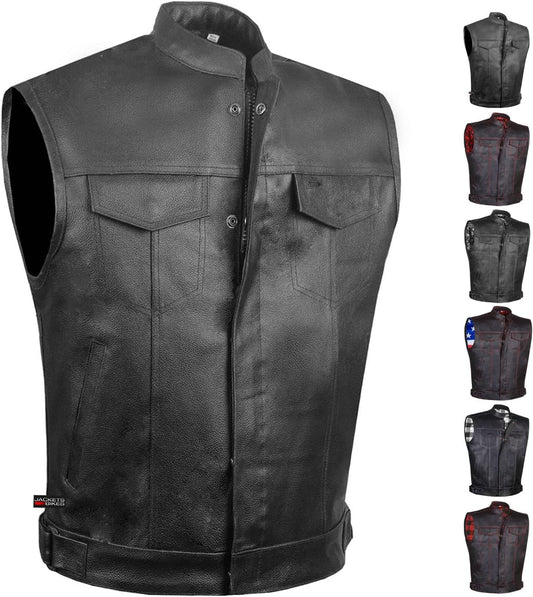 SOA Men's Leather Motorcycle Concealed Pockets Biker Club Vest w/Armor