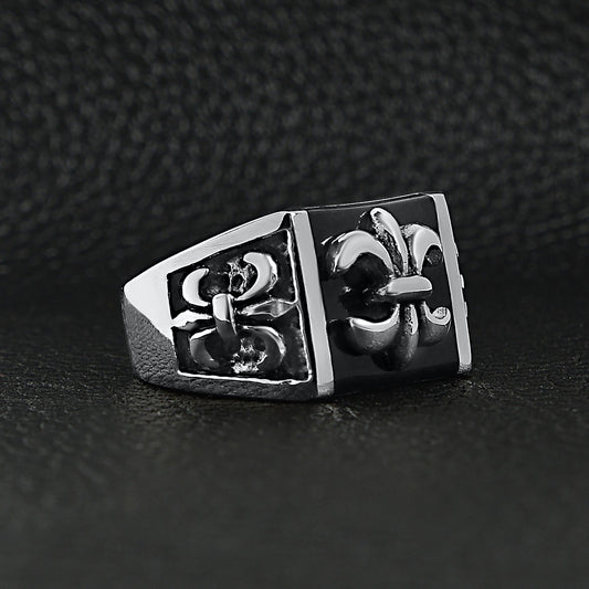 Stainless Steel Polished Black Fleur De Lis Signet Ring