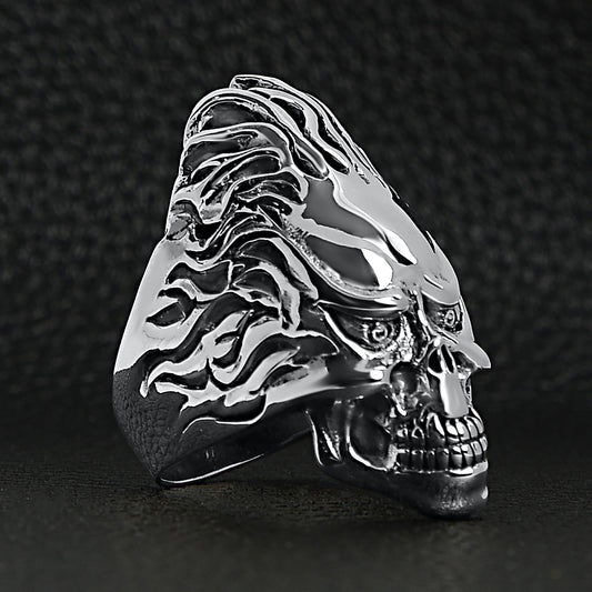 Sterling Silver Skull Flaming Hair Ring
