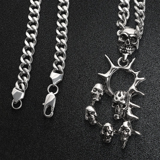 Stainless Steel Multi Skull Spike Curb Chain Necklace