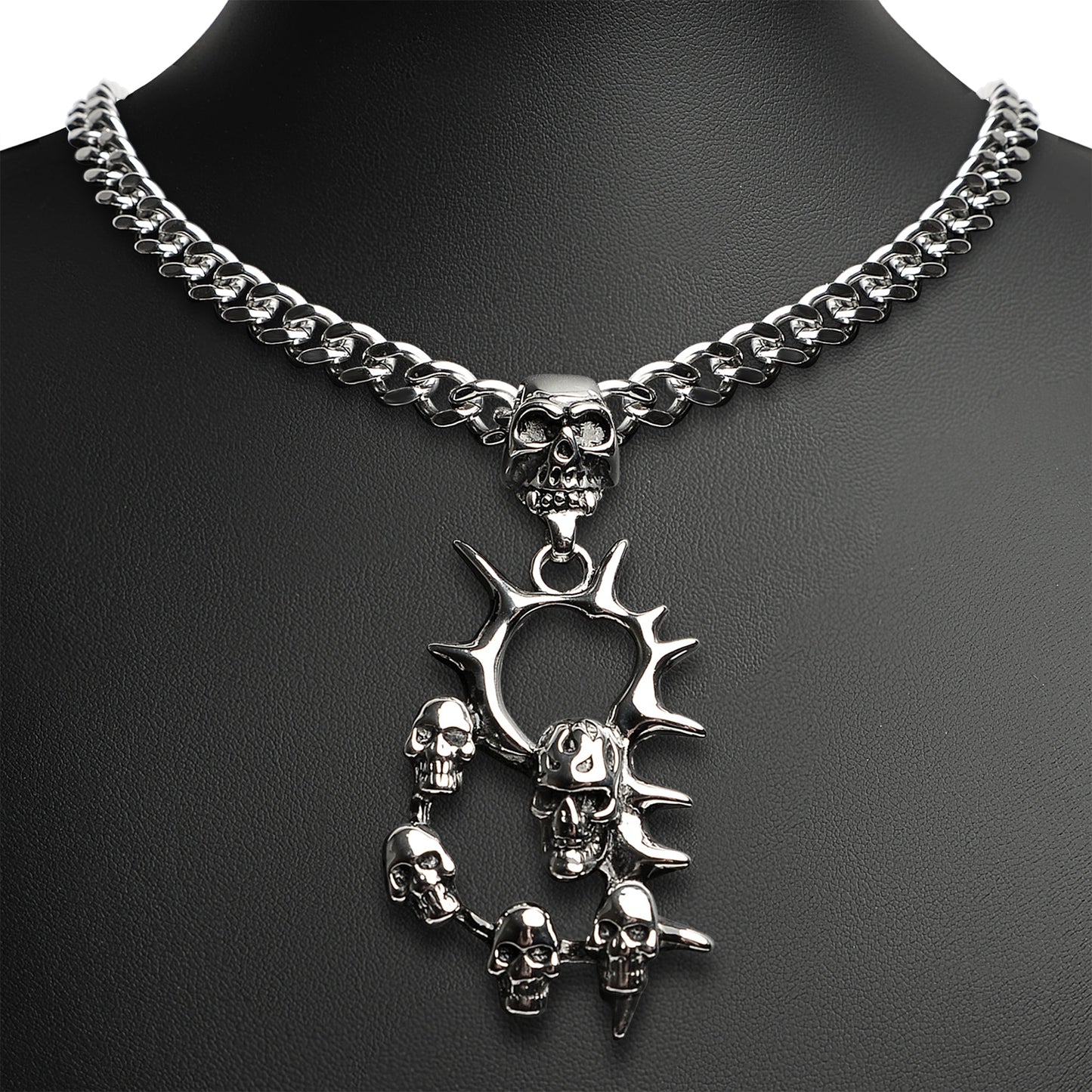 Stainless Steel Multi Skull Spike Curb Chain Necklace