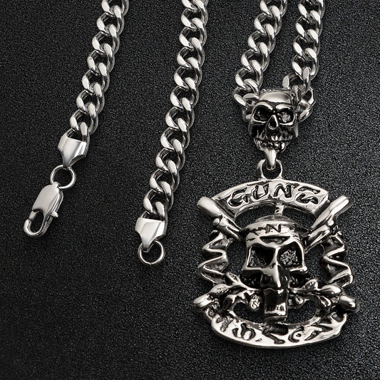 Stainless Steel Gunz N Roses Skull Curb Chain Necklace