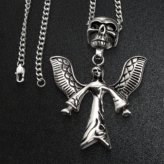 Stainless Steel Large Angel Of Death And Skull Curb Chain Necklace