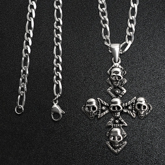 Stainless Steel Multi Skull Cross Pendant Figaro Chain Necklace