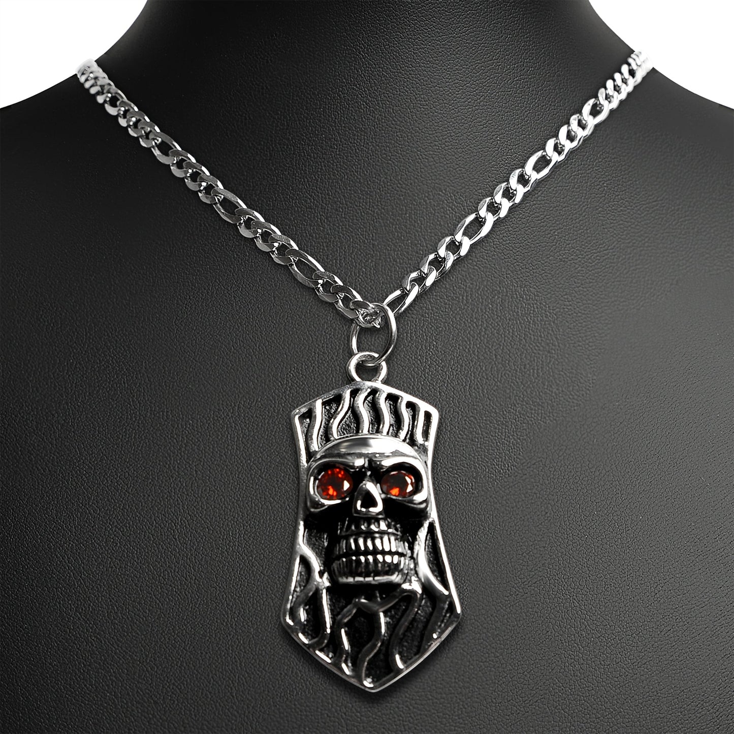 Stainless Steel Red CZ Eyed Skull Shield Figaro Chain Necklace