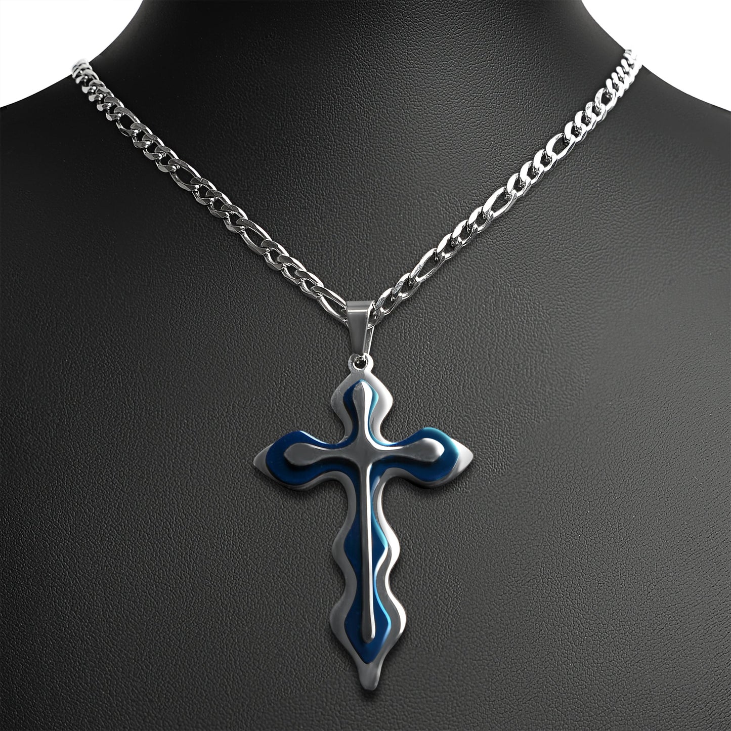 Stainless Steel And Blue Triple Layer Cross Figaro Chain Necklace