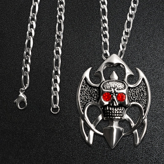 Stainless Steel Tribal Red CZ Eyed Skull Figaro Chain Necklace