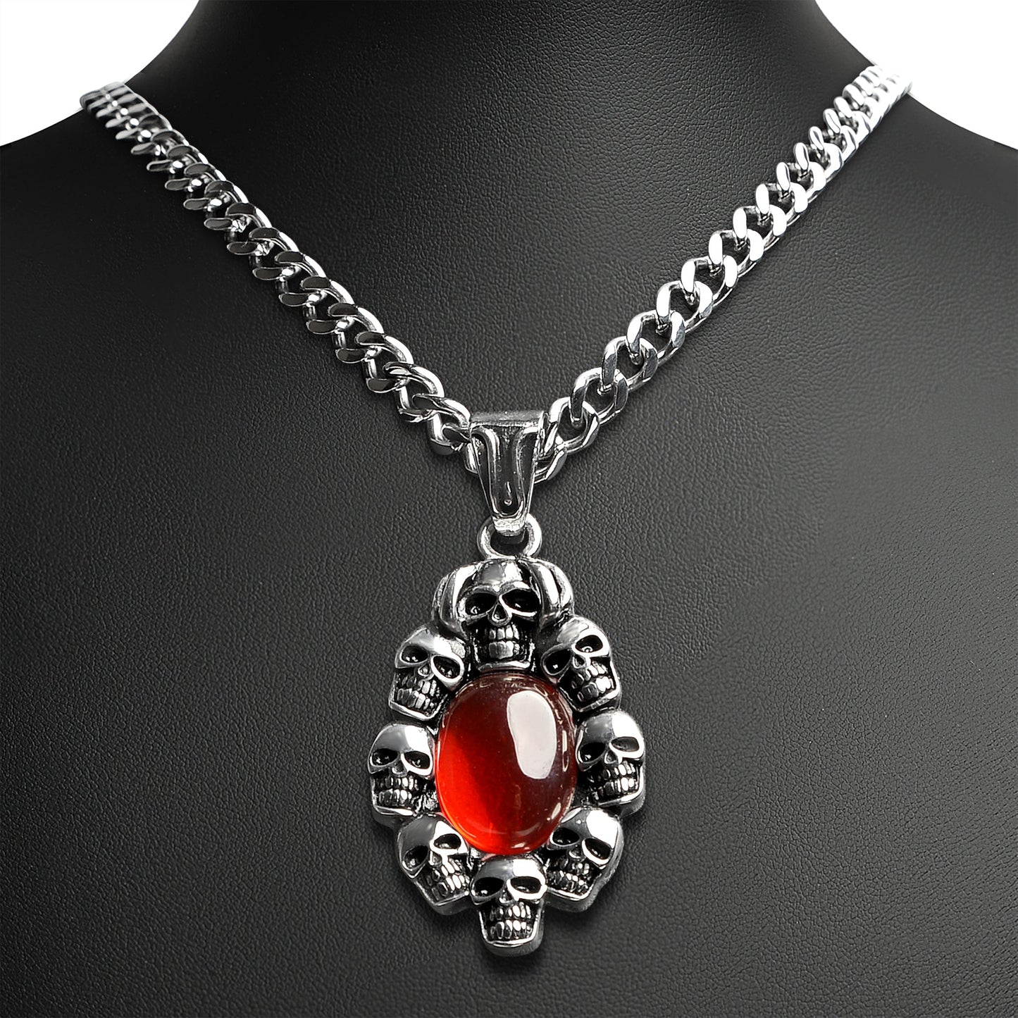 Stainless Steel Skulls With Red Glass Center Curb Chain Necklace