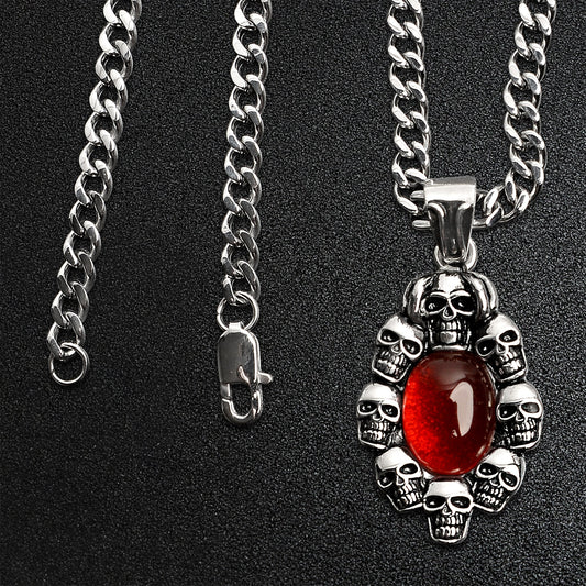 Stainless Steel Skulls With Red Glass Center Curb Chain Necklace
