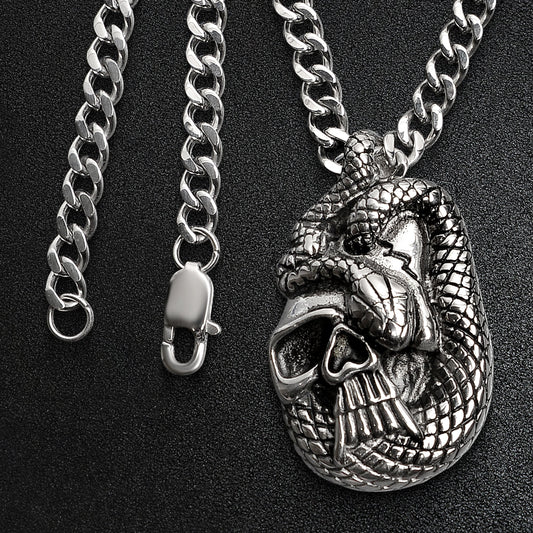 Stainless Steel Snake In Skull Curb Chain Necklace