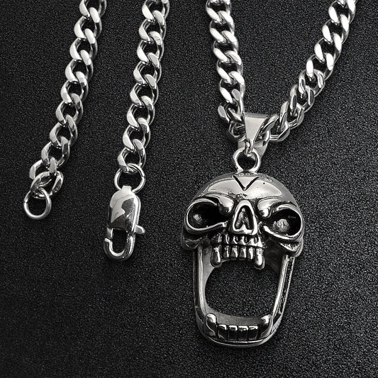 Stainless Steel Screaming Fanged Skull Curb Chain Necklace