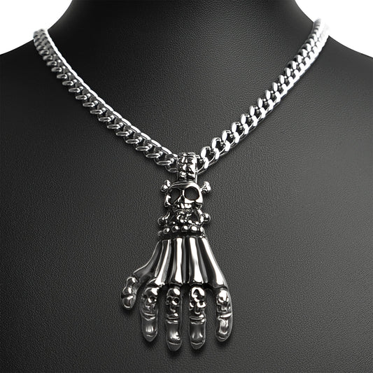 Stainless Steel Skull Skeleton Hand Curb Chain Necklace