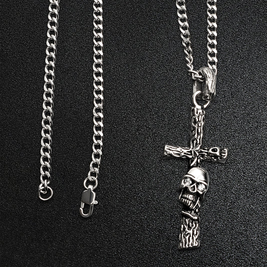 Stainless Steel Wood Texture Skull Cross Curb Chain Necklace