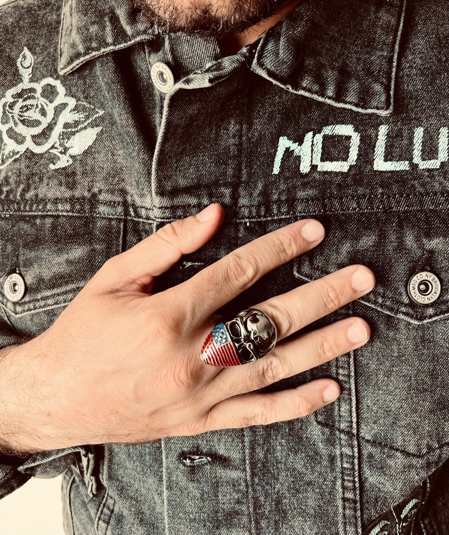 Stainless Steel USA Freedom Rider Skull Ring