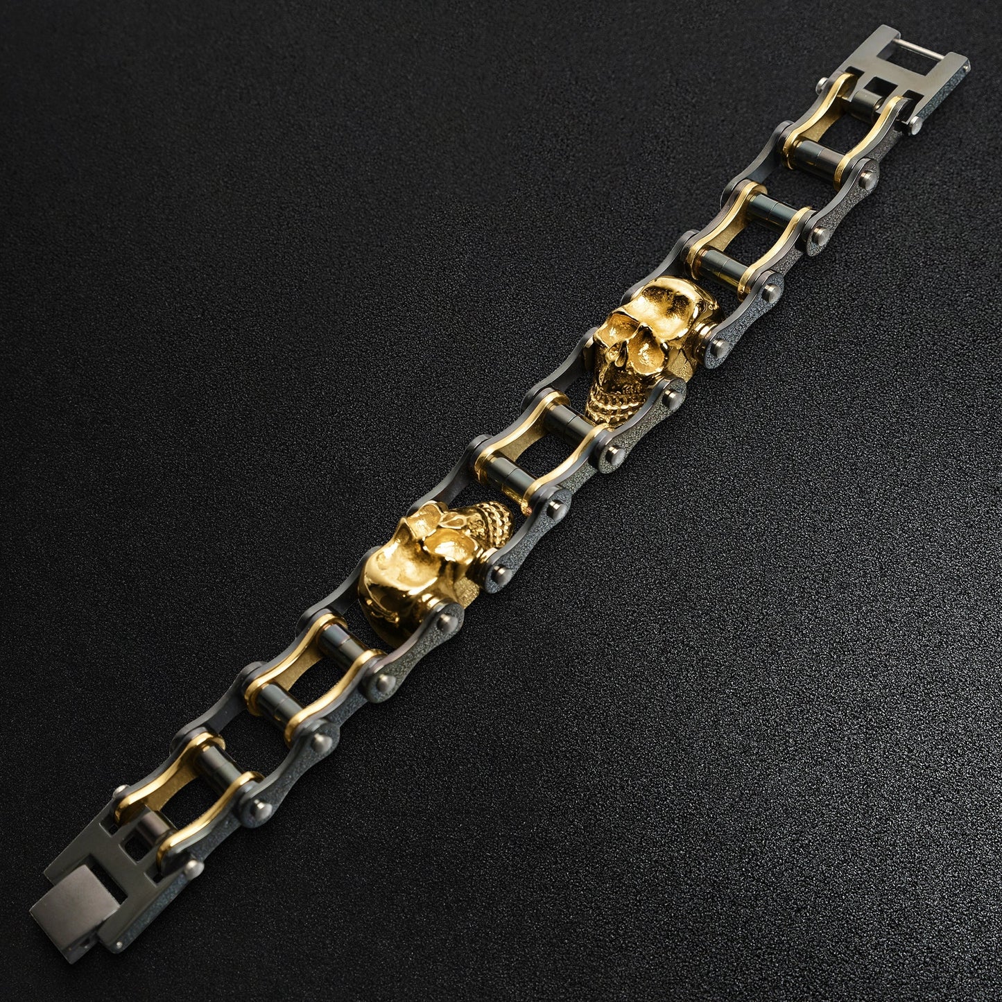 Black & Gold Stainless Steel Skull Bike Chain Bracelet