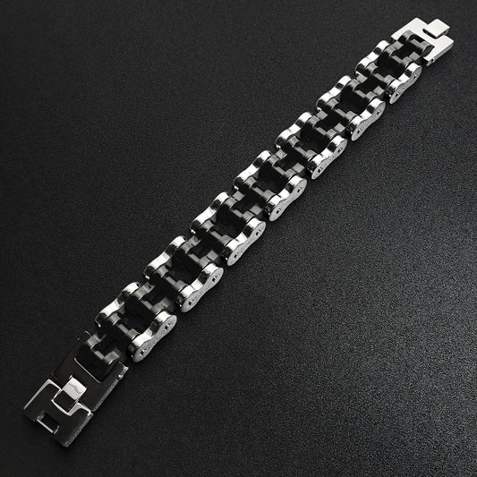 Stainless Steel and Black Large Bike Chain Bracelet