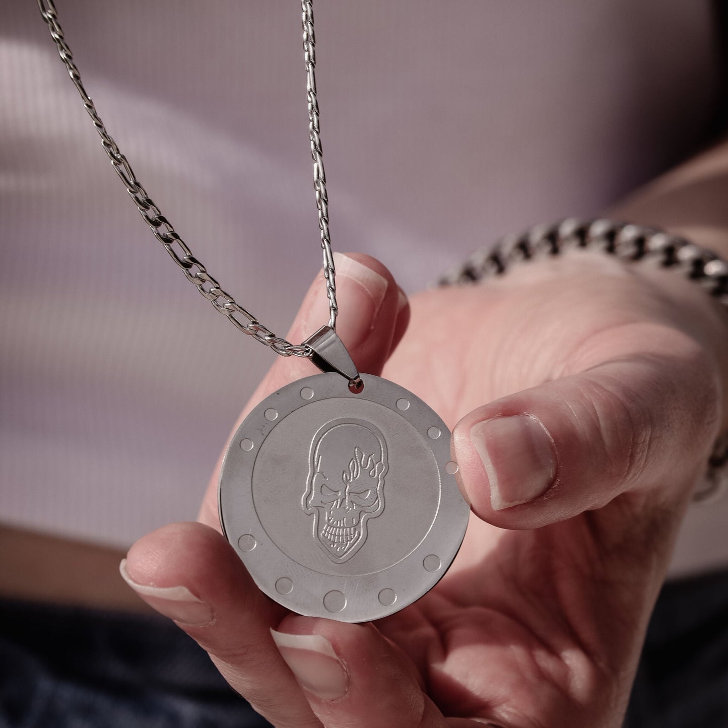 Stainless Steel Skull Shield Figaro Chain Necklace