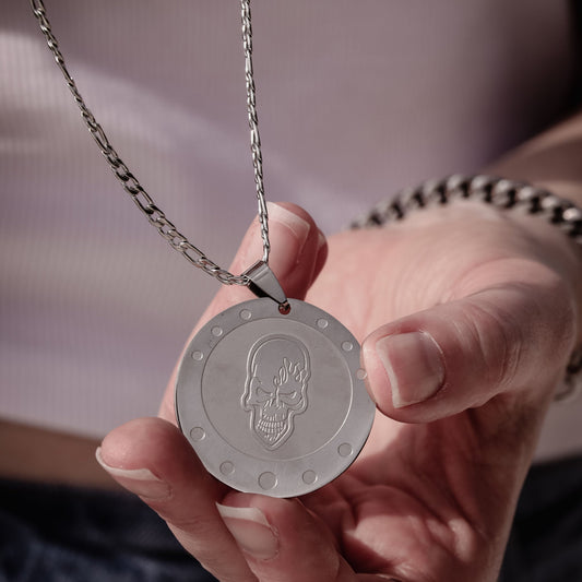 Stainless Steel Skull Shield Figaro Chain Necklace
