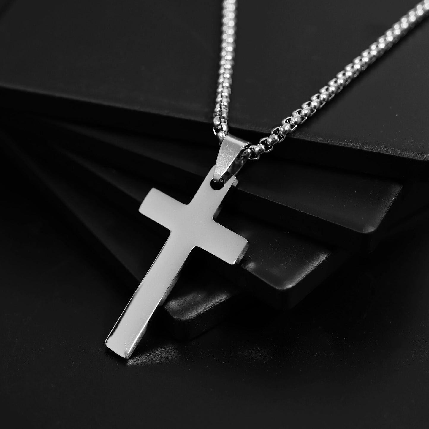Stainless Steel Rounded Box Chain Cross Necklace