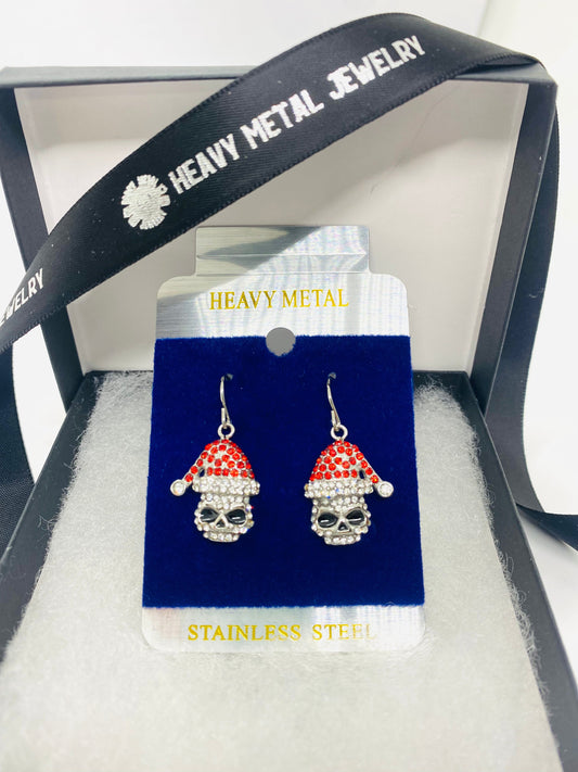 SK2704 Ladies Holiday Earrings Sparkly Skull Santa Hat