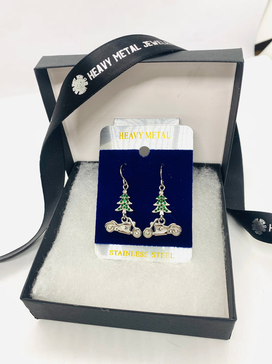 SK2706 Ladies Holiday Earrings Christmas Tree with Motorcycle