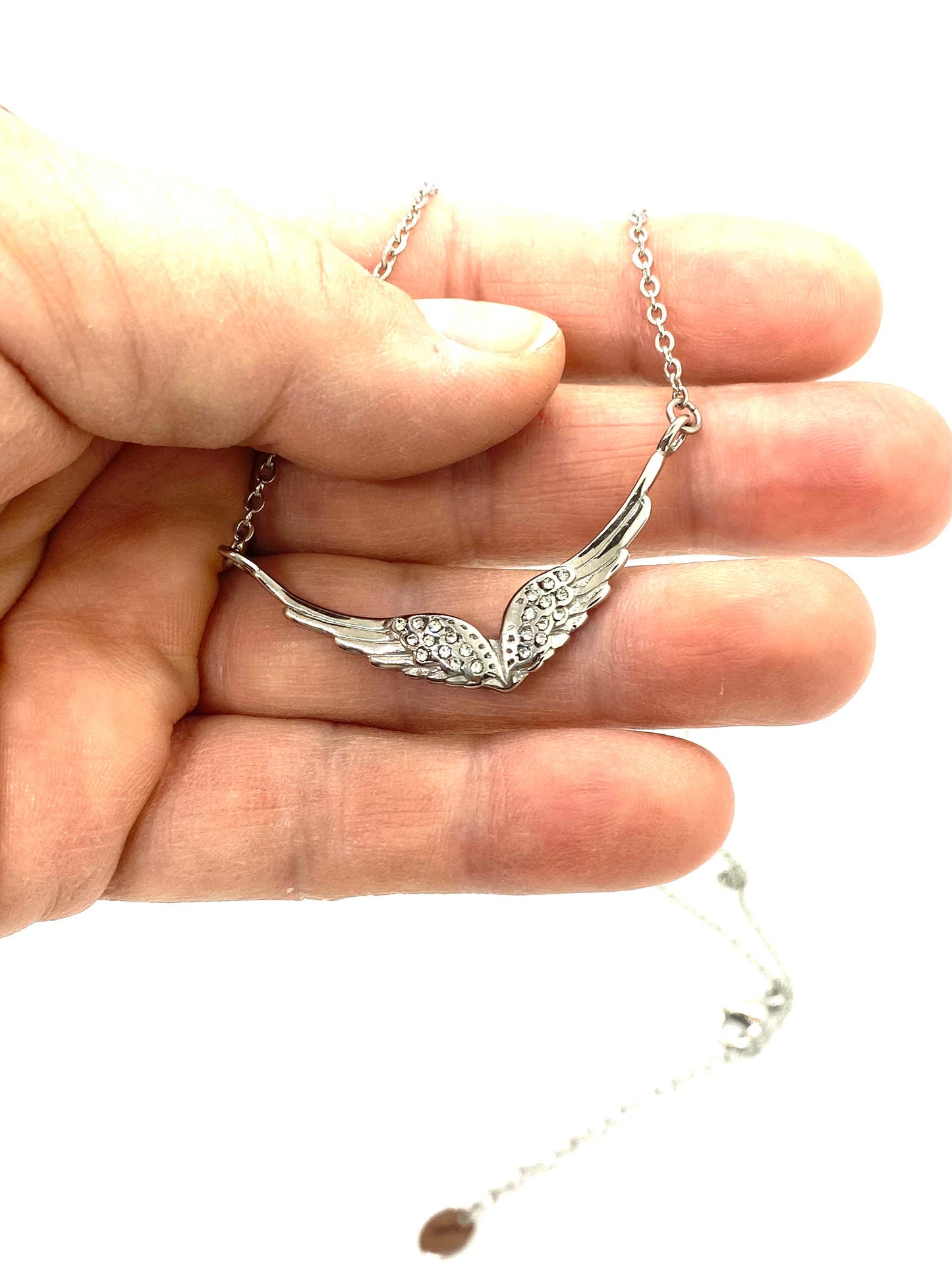 SK2700 Ladies Double Angel Wing Crystal Stainless Steel Necklace
