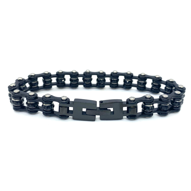 SK2802 3/8" Wide MINI MINI SIZE Black with black crystal center - Stainless Steel Motorcycle Bike Chain Bracelet