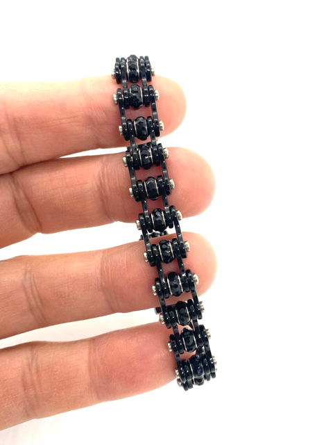 SK2802 3/8" Wide MINI MINI SIZE Black with black crystal center - Stainless Steel Motorcycle Bike Chain Bracelet