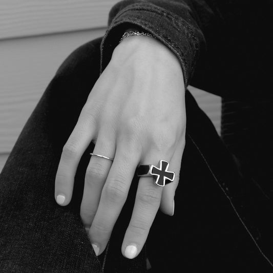 Stainless Steel Polished Black Enamel Cross Ring