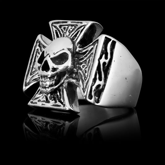 Stainless Steel Polished Skull Maltese Cross Ring