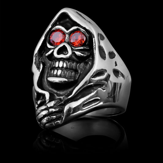 Stainless Steel Red CZ Eyed Grim Reaper Ring