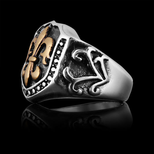 18K Gold PVD Coated Stainless Steel Fleur De Lis Shield Signet Ring