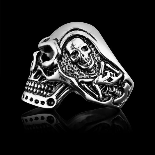 Stainless Steel Skull With Skeleton Accents Ring