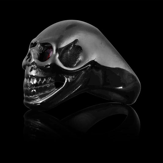 Stainless Steel Red CZ Eyed Black Skull Unisex Ring