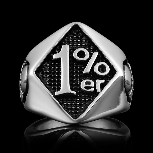 Stainless Steel "1%er" With Skull Accents Signet Ring