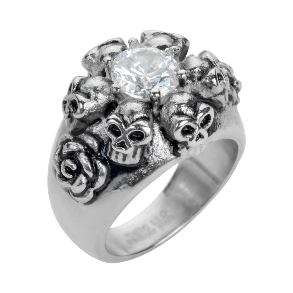 SK1049 Ladies Six Skull & Roses Imitation Diamond Ring Stainless Steel Motorcycle Jewelry Size 5-9