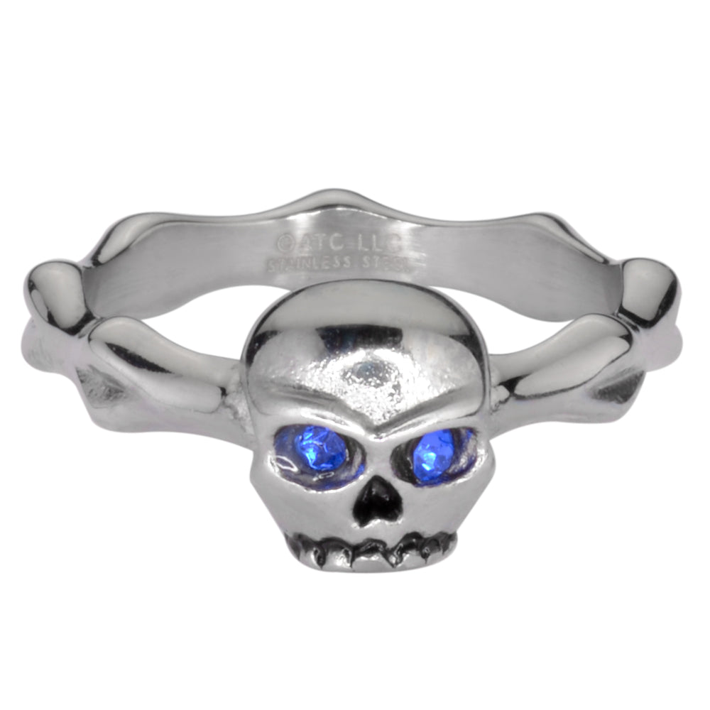 SK1052 Ladies Blue Eyed Skull Bones Ring Stainless Steel Motorcycle Jewelry Sizes 5-9