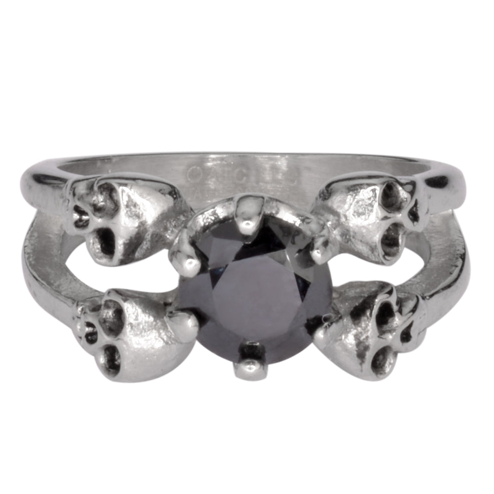 SK1055 Ladies Black Stone Four Solitaire Skull Ring Stainless Steel Motorcycle Jewelry Sizes 5-10