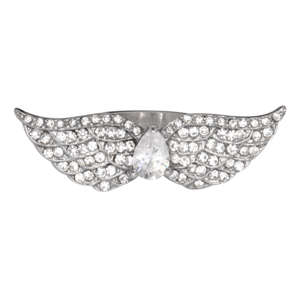 SK1080 Wings White Crystal Pear Center Ring Stainless Steel Motorcycle Jewelry Size 6-10