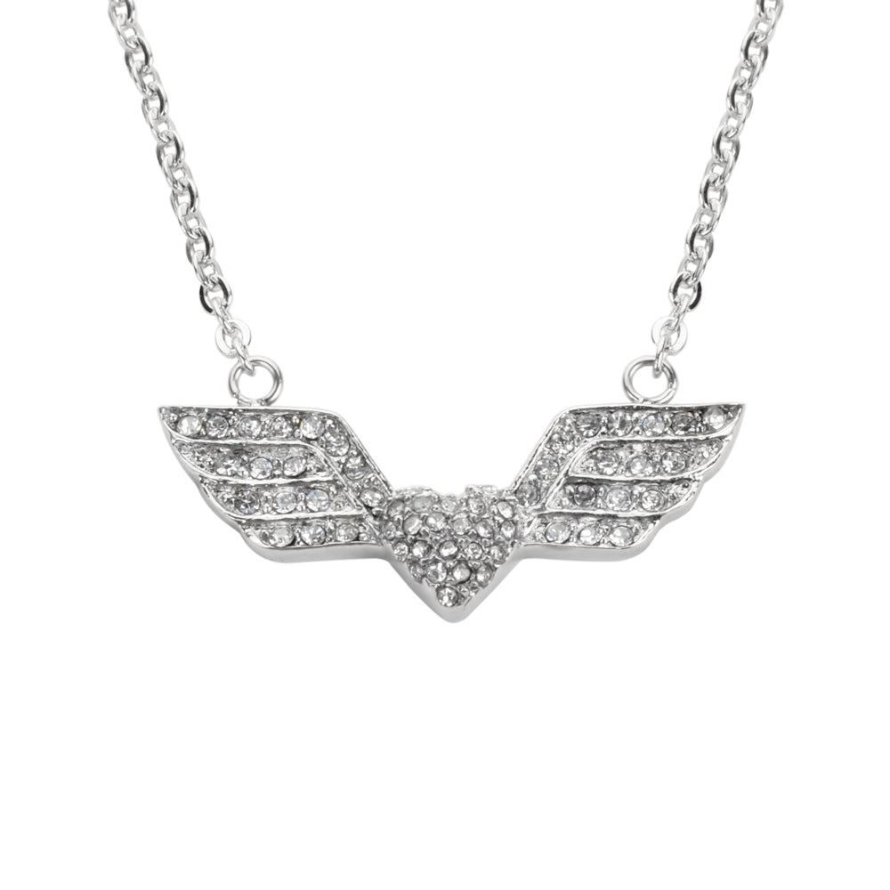 SK1505 Ladies Double Angel Wing Heart Crystal Necklace 19" 3/16" Wide Stainless Steel Motorcycle Jewelry
