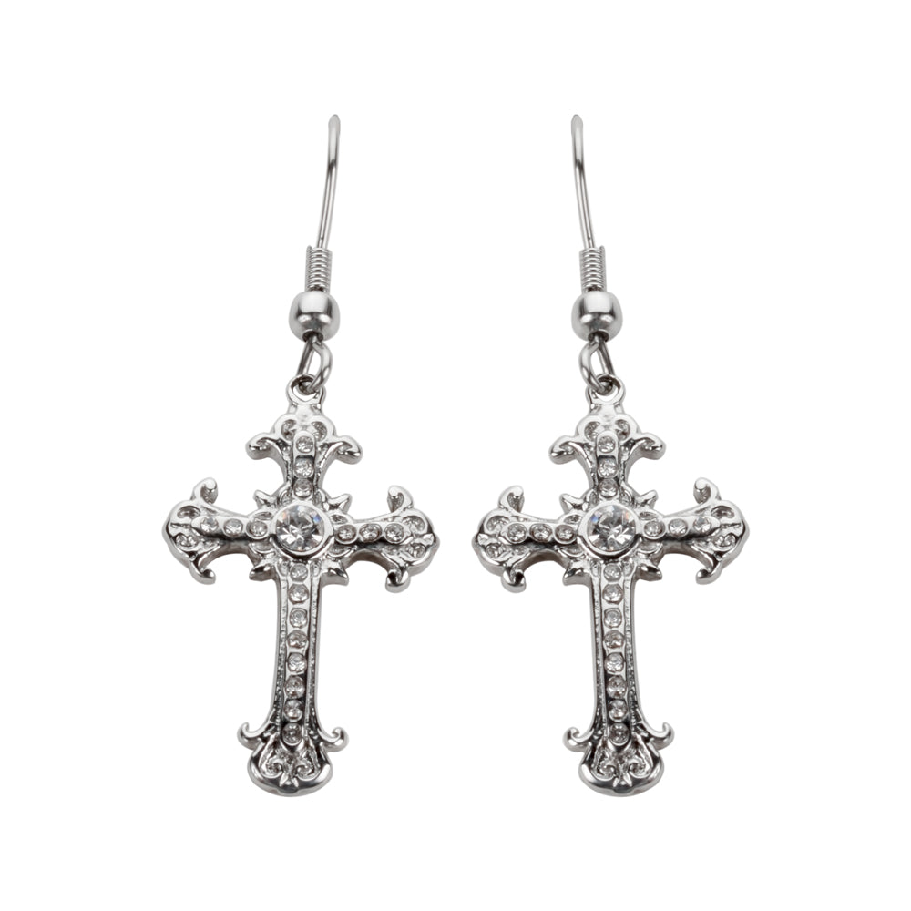 SK1523 Cross Earrings French Wire Silver Tone Imitation Diamonds Stainless Steel Motorcycle Biker Jewelry