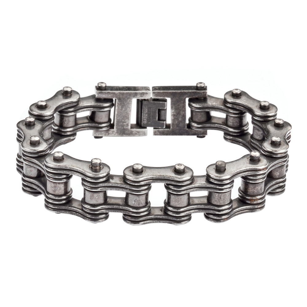 SK1702 Distressed Antique Finish 3/4" Wide Double Link Design Men's Stainless Steel Motorcycle Chain Bracelet
