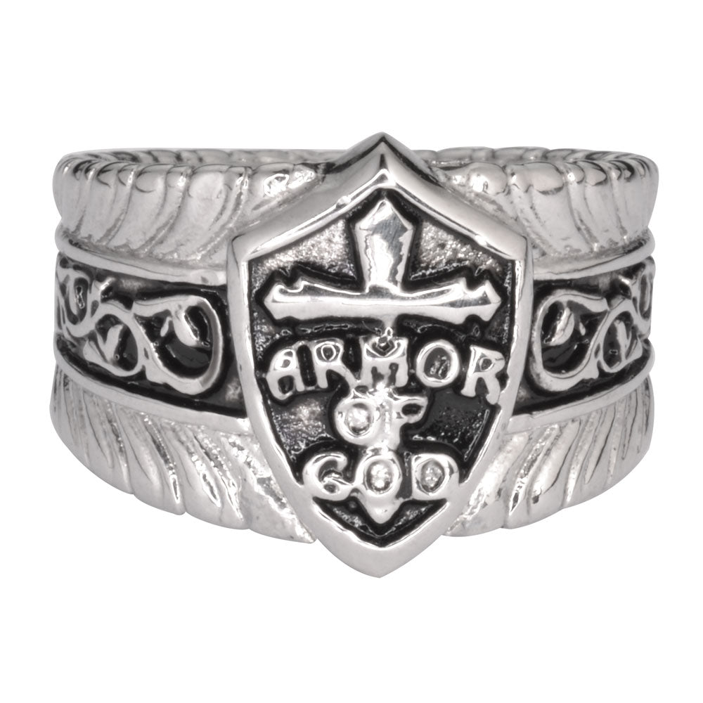 SK1771 Gents Armor Of God Shield Ring Stainless Steel Motorcycle Jewelry Size 9-18
